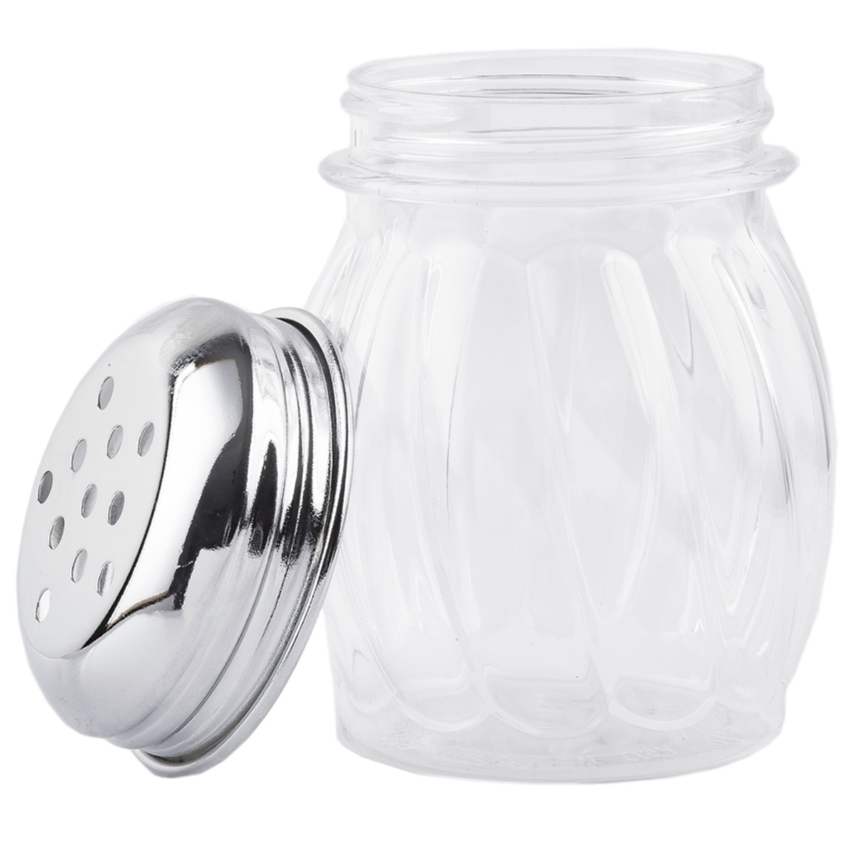 Tablecraft P260 swirl shaker jar with chrome perforated lid removed, showing open top and swirl body detail