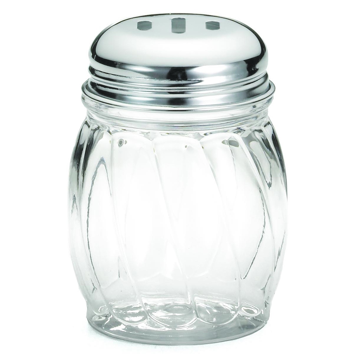 Tablecraft P260SL 6 oz clear swirl polycarbonate shaker with chrome-plated slotted dome lid