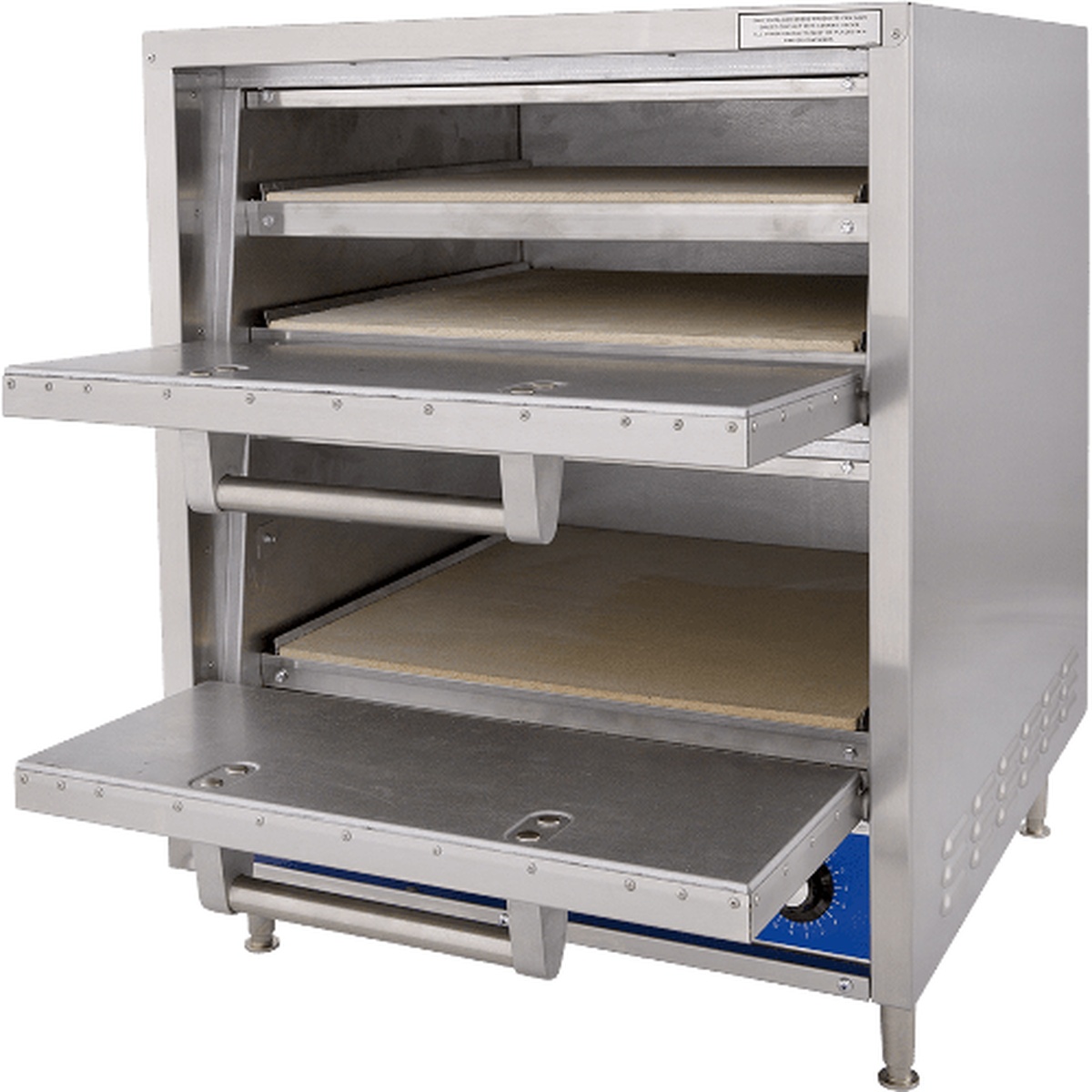 Front view of Bakers Pride P46-BL showing two upper decks and one lower deck baking chamber