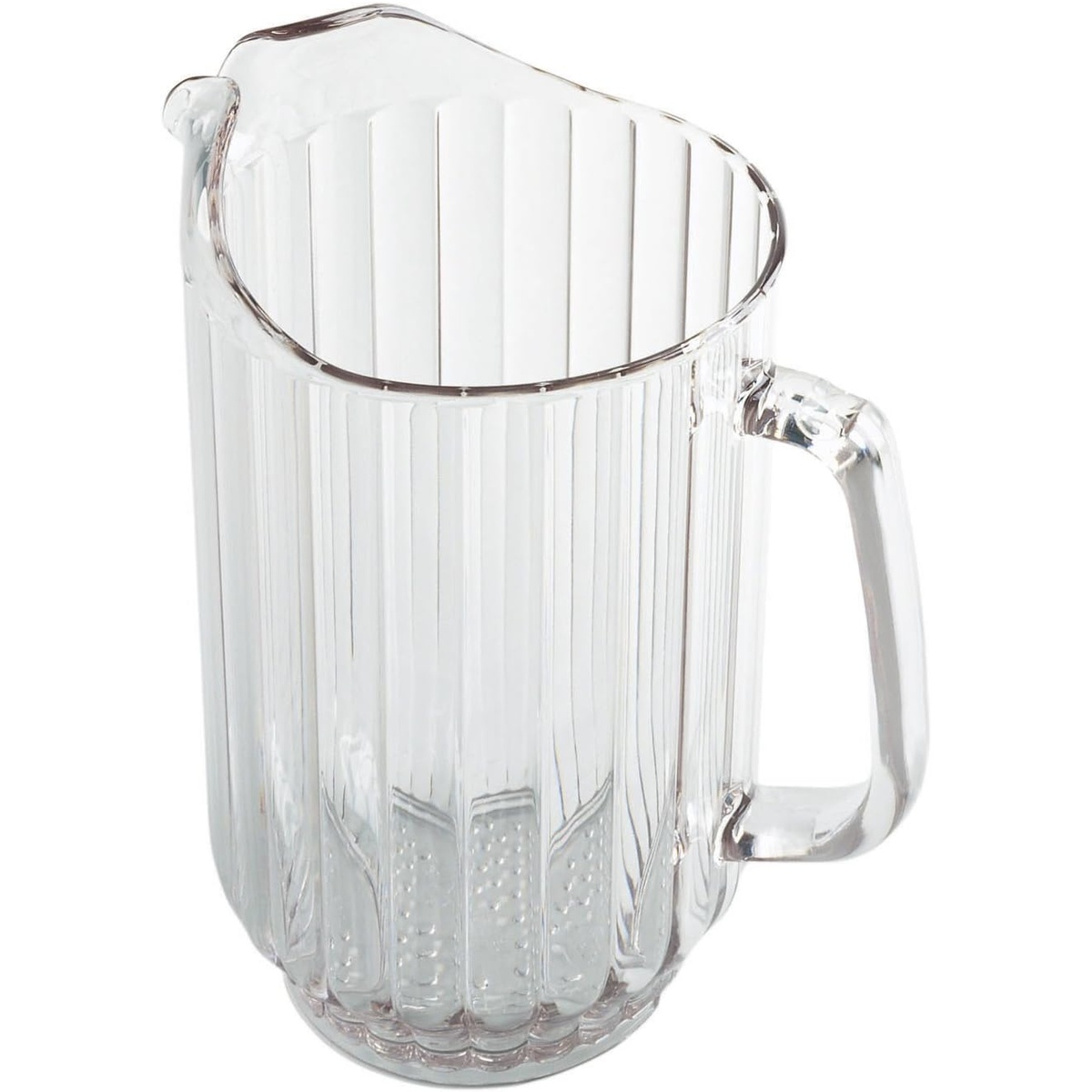Cambro P600CW135 clear 60 oz. Camwear polycarbonate pitcher with ribbed body, contoured pour spout, and slotted base
