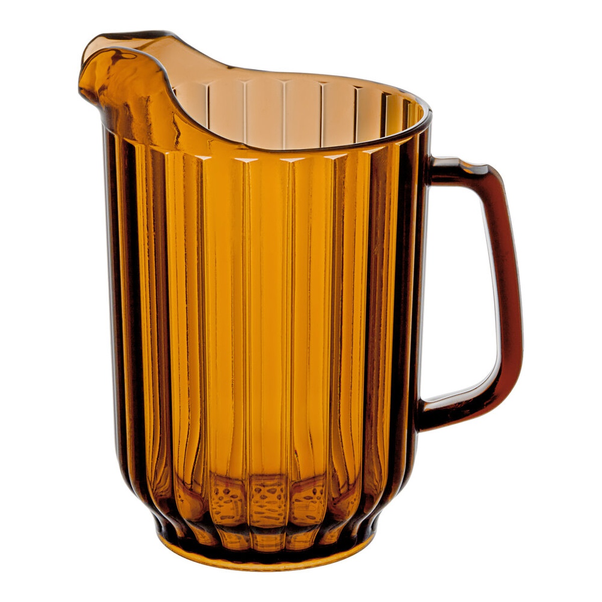 Cambro P600CW153 Camwear 60 oz amber polycarbonate pitcher with ribbed body, ergonomic handle, and contoured pour spout