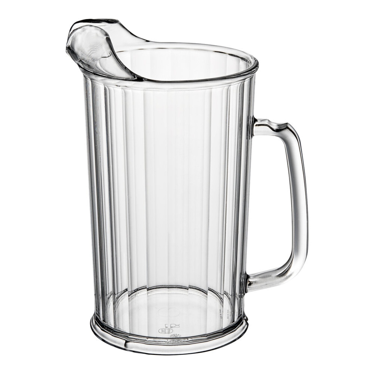 Cambro P60CW135 Camwear 60 oz clear polycarbonate plastic pitcher with ribbed body, contoured pour spout, and ergonomic handle