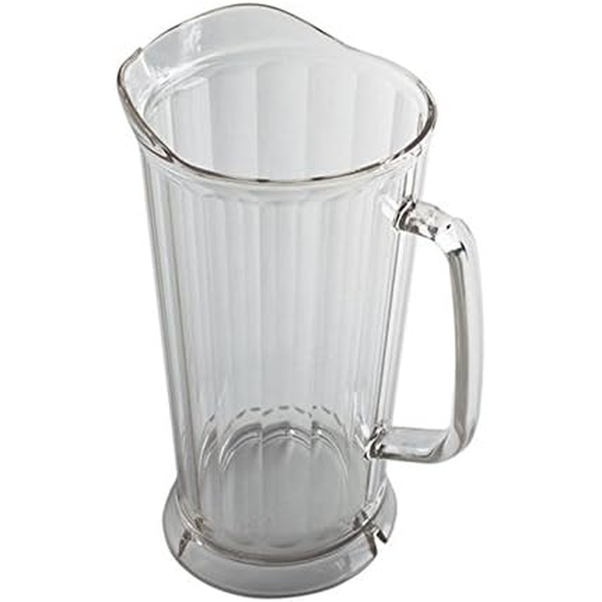 Cambro P64CW135 clear 64 oz polycarbonate Camwear pitcher with ribbed body, thumb-grip handle, and slotted base