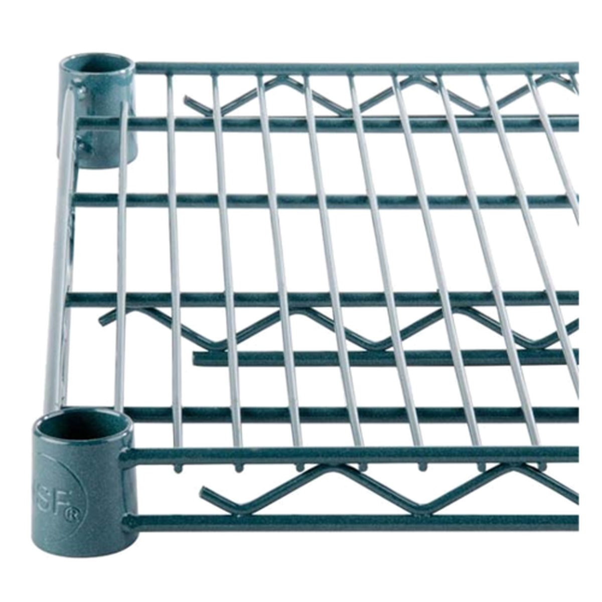 Enhanced epoxy-coated green wire shelf corner detail showing welded grid and post sleeve
