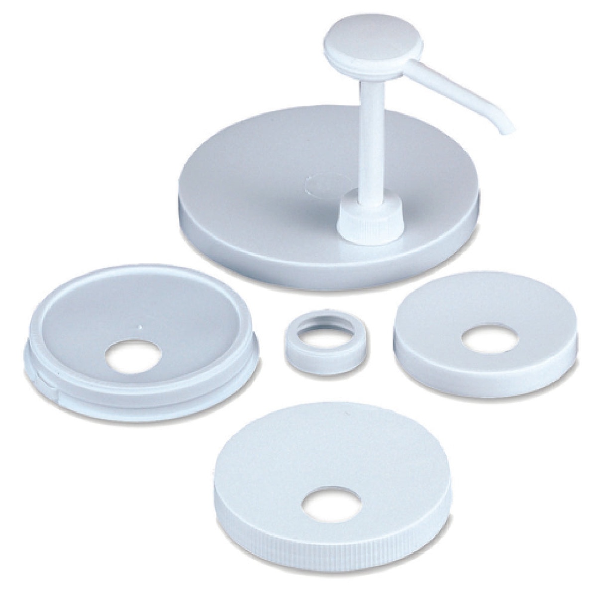 Carlisle P7310 white plastic economy condiment pump with five assorted screw and snap caps displayed on white background