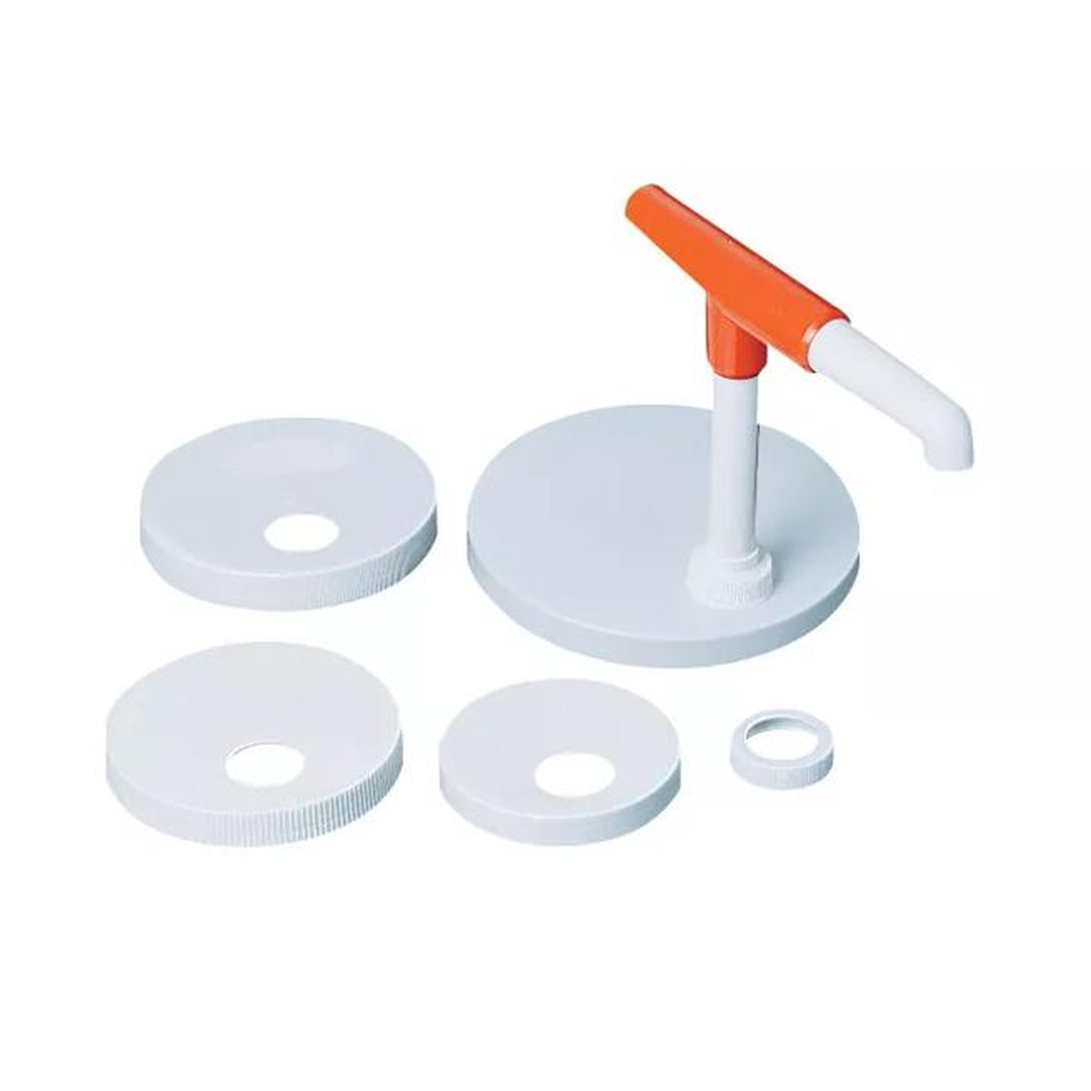 San Jamar P7410 Mega Pump Kit displayed with pump body, orange handle, and assorted white screw and snap caps laid flat