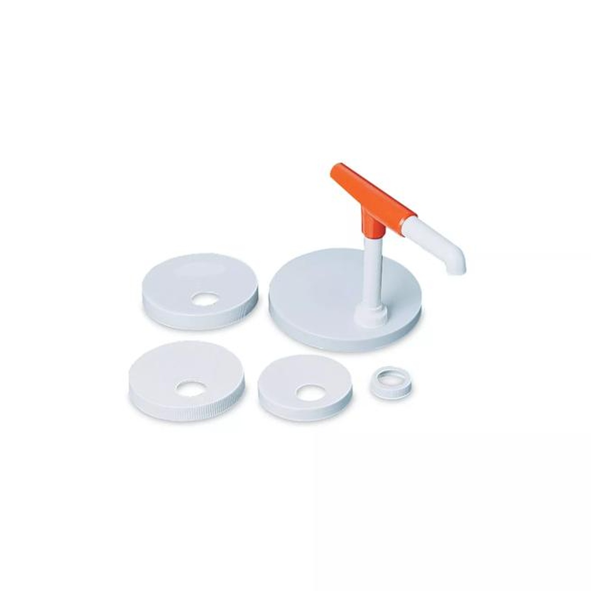 San Jamar Mega Pump Kit P7410 showing assembled pump with orange T-handle and multiple white screw and snap caps