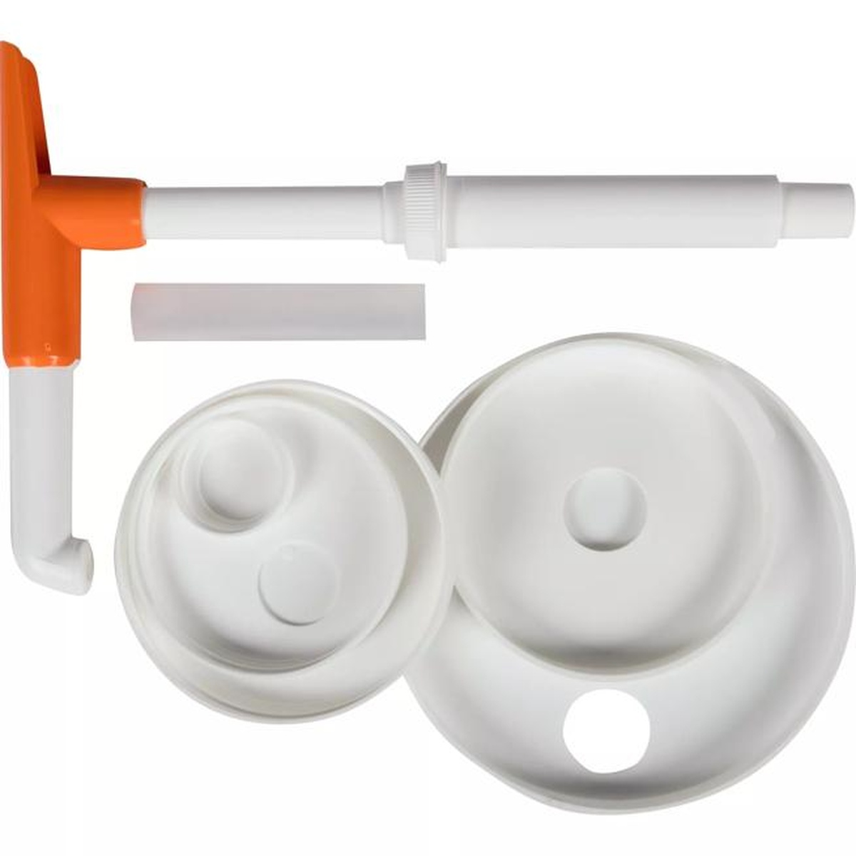 Close-up view of San Jamar Mega Pump Kit components including pump mechanism, dip tube, and two white snap caps
