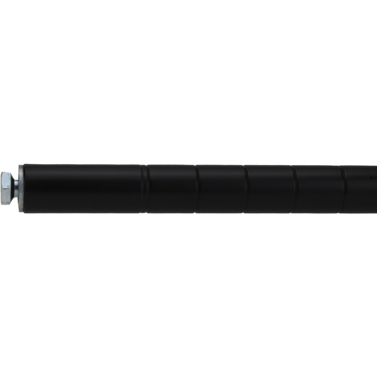 Full-length black epoxy coated 74-inch wire shelving post shown horizontally with metal leveling bolt at one end