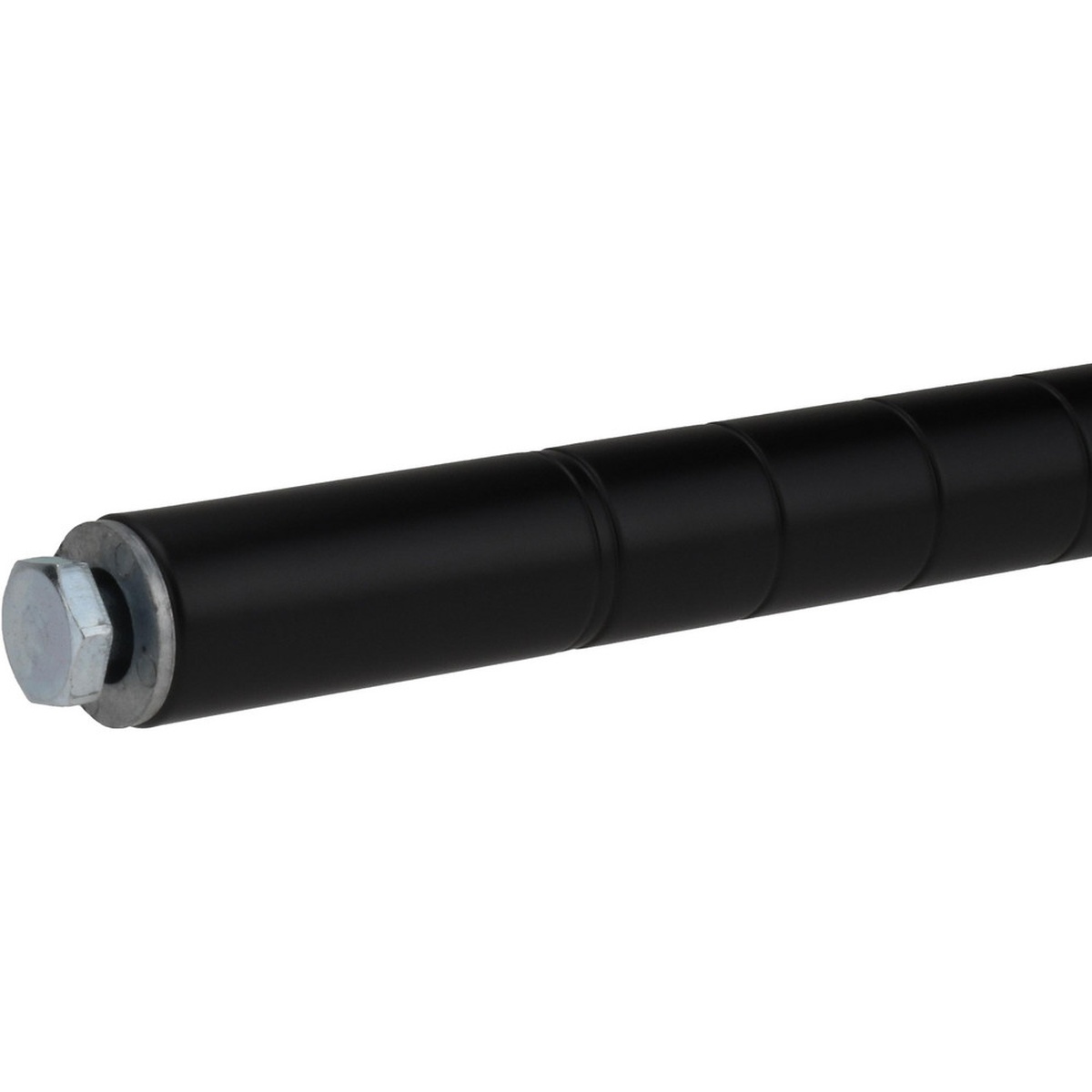 Close-up of the metal adjustable leveling bolt foot at the base of the black epoxy coated shelving post