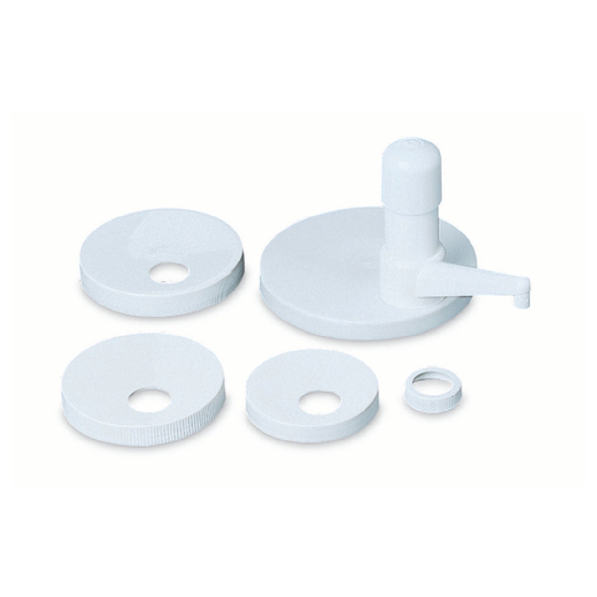San Jamar Ultra Condiment Pump Kit P7510 showing white pump head assembly with multiple screw and snap cap sizes