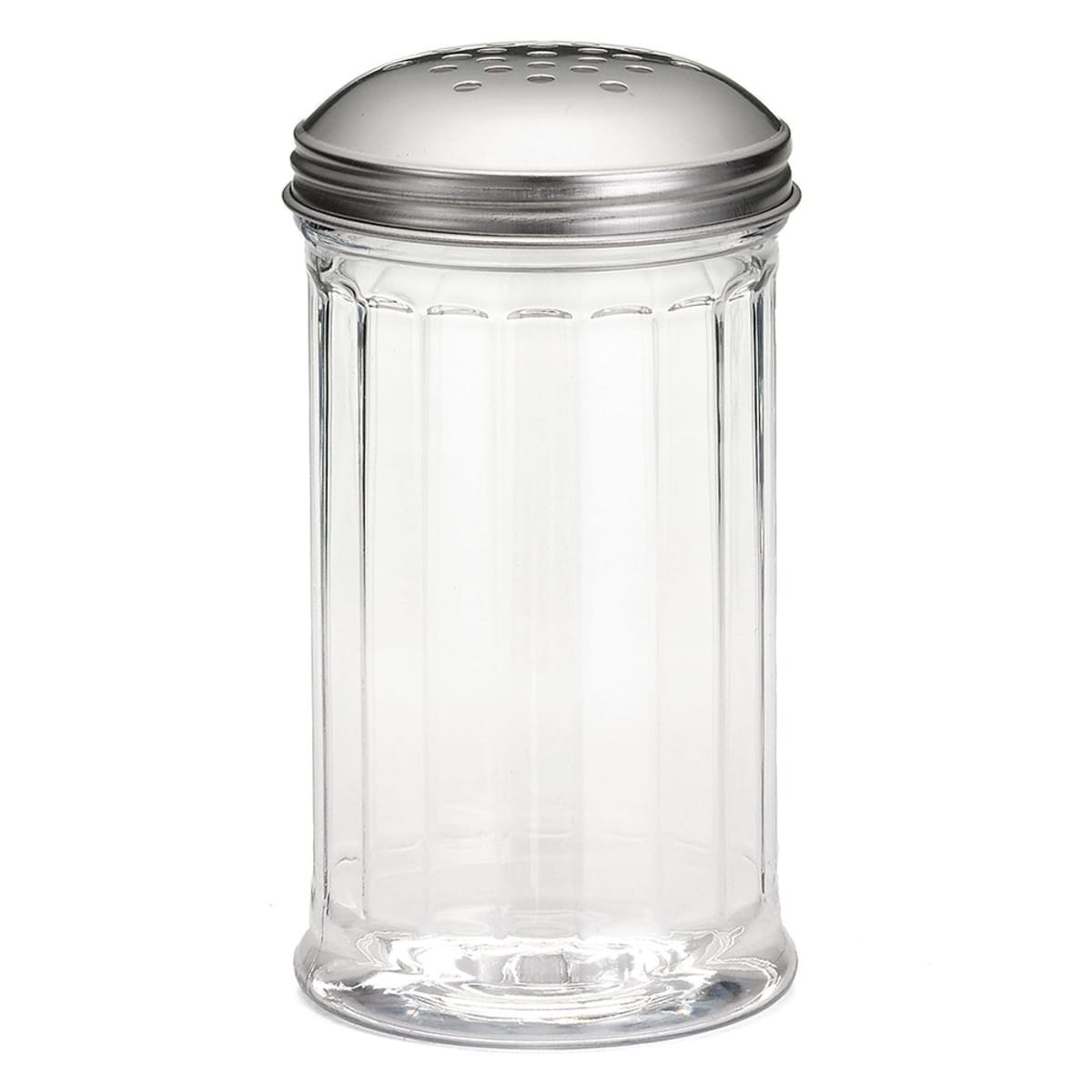 Tablecraft P800 12 oz clear fluted polycarbonate shaker with perforated stainless steel dome top