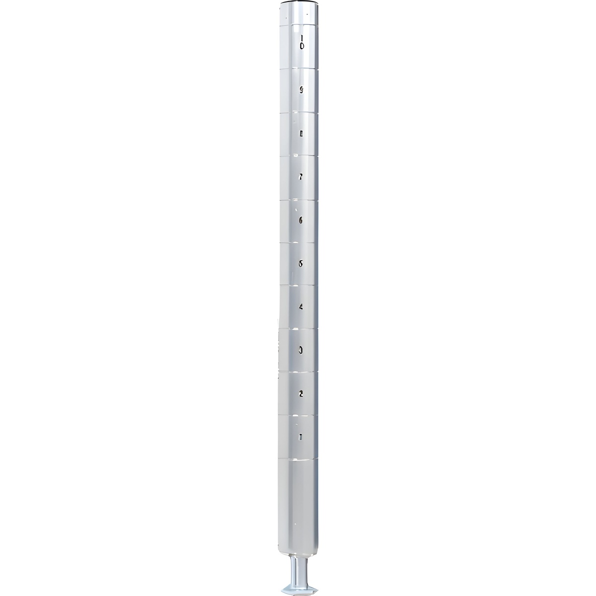 P86EB 86-inch black epoxy coated wire shelving post with numbered 1-inch increment grooves, plastic cap, and adjustable metal foot