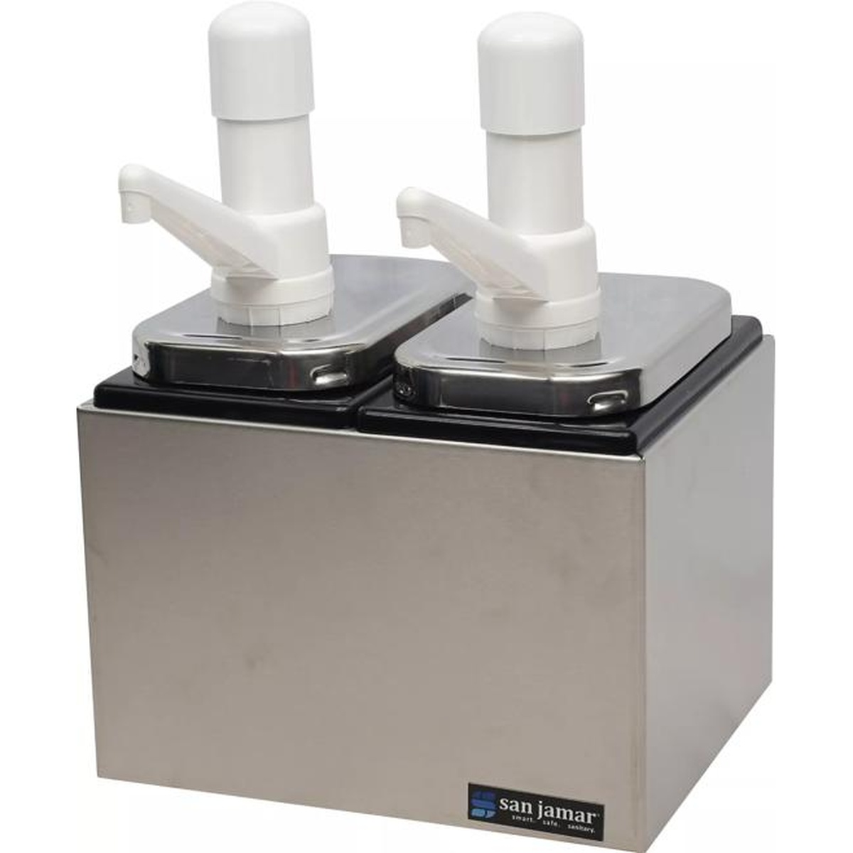 Angled view of the San Jamar double pump condiment service center