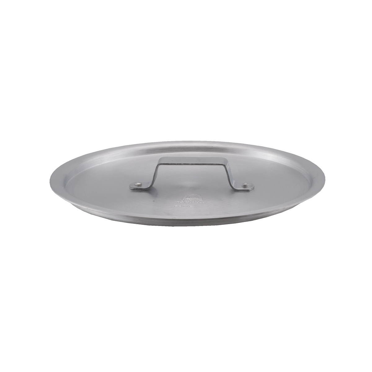 Libertyware PANC4 round flat aluminum sauce pan cover with riveted handle, top-down side view