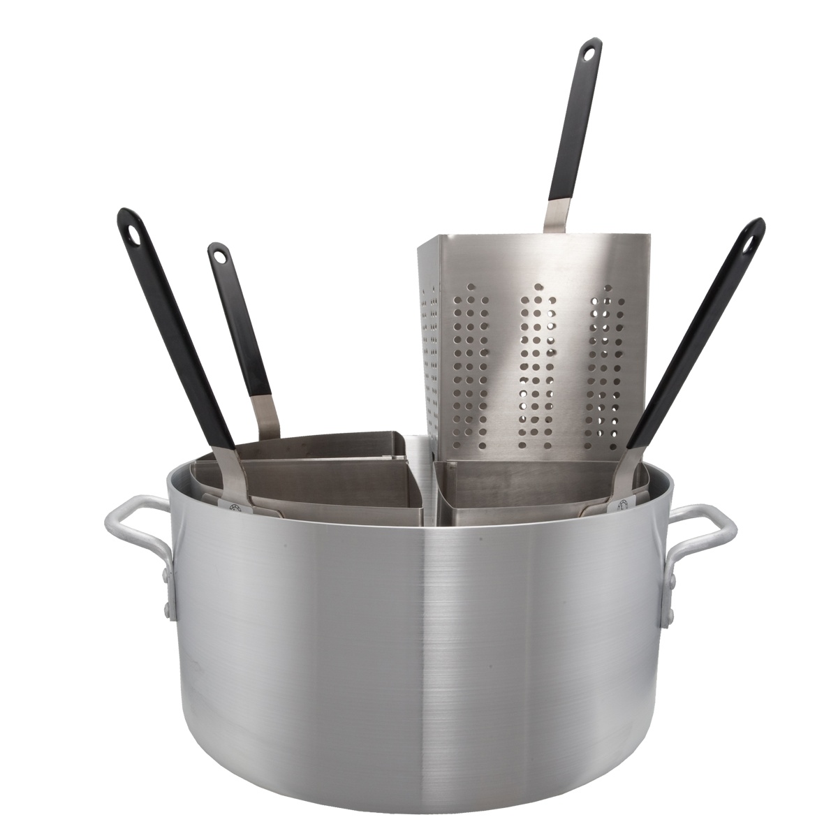 Libertyware PASTA04 20-quart aluminum pasta cooker pot with four stainless steel perforated insert sections and black handles
