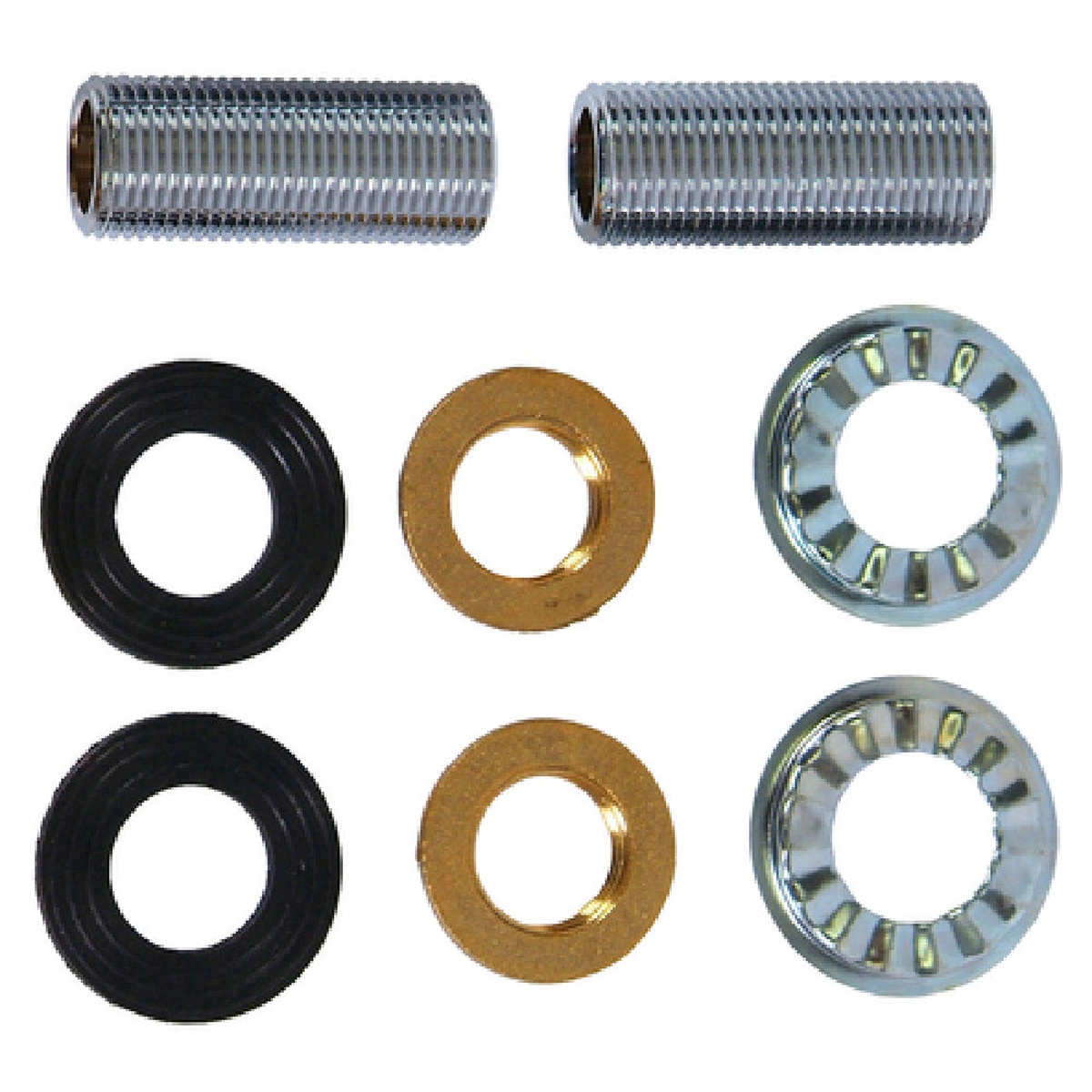 John Boos PB-DMMK deck mount faucet mounting kit showing two chrome supply nipples, two rubber washers, two brass retainer nuts, and two lock washers on white background