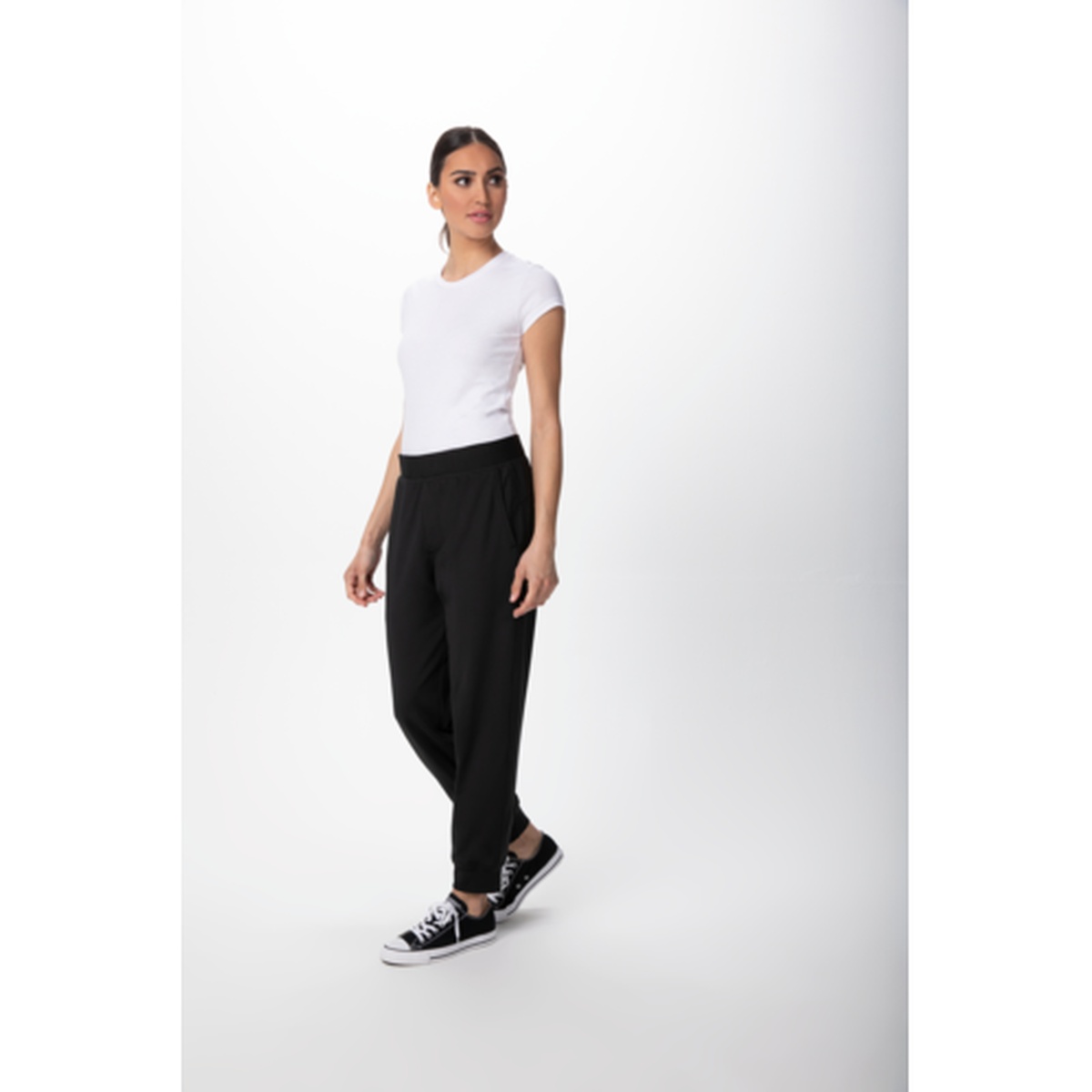 Chef Works Jogger 2.0 unisex black work jogger in size Large, shown full-length