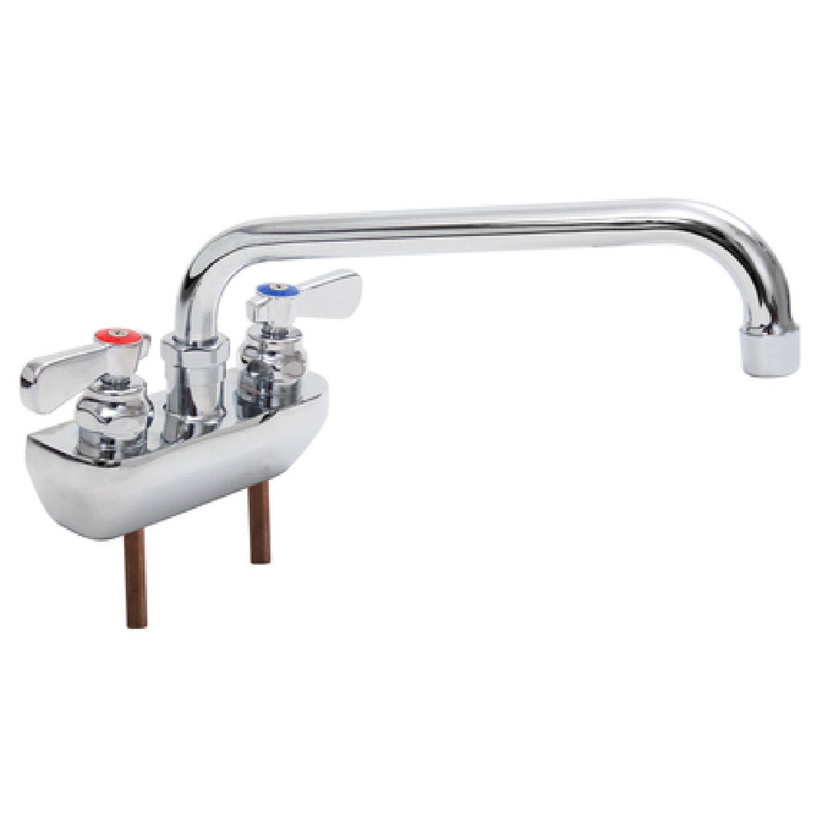 John Boos PBF-4SM2-10LF-X chrome splash mount faucet with 10-inch swing spout and dual lever handles