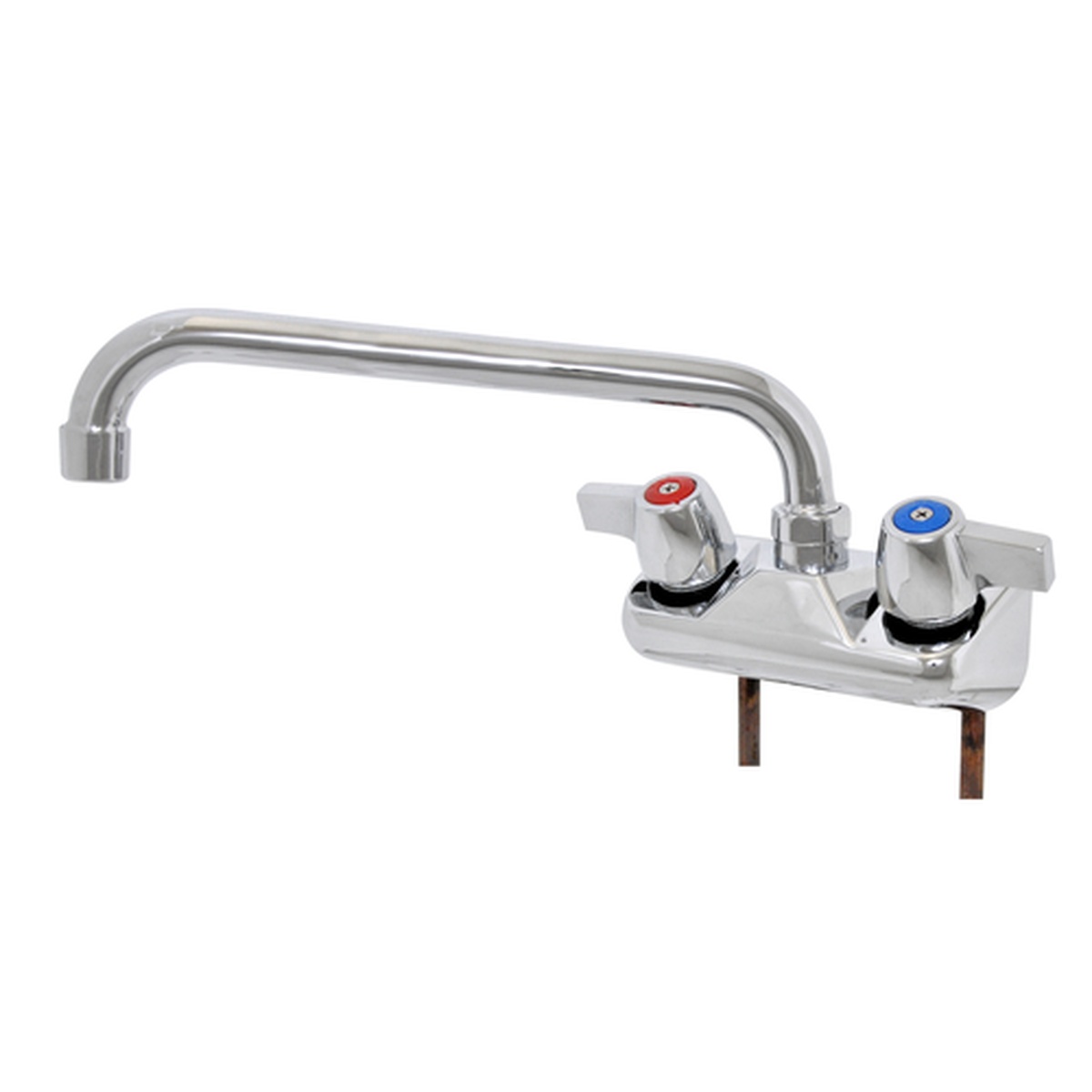 John Boos PBF-W2-10LF-X chrome economy faucet with 10-inch swing spout and dual color-coded handles on white background