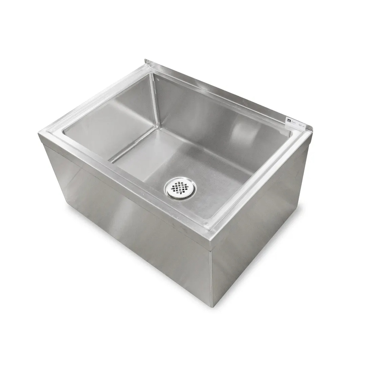 John Boos PBMS2820-12-X stainless steel floor-mounted mop sink with drain grate, angled view showing deep bowl and marine edge