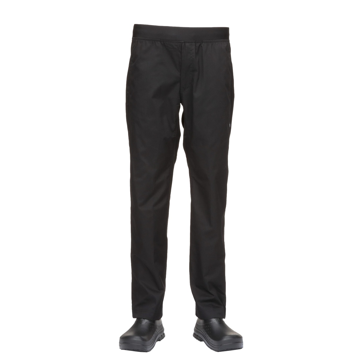 Chef Works Men's Lightweight Slim Chef Pants in black, front view showing elastic waistband, zipper fly, and slim straight silhouette