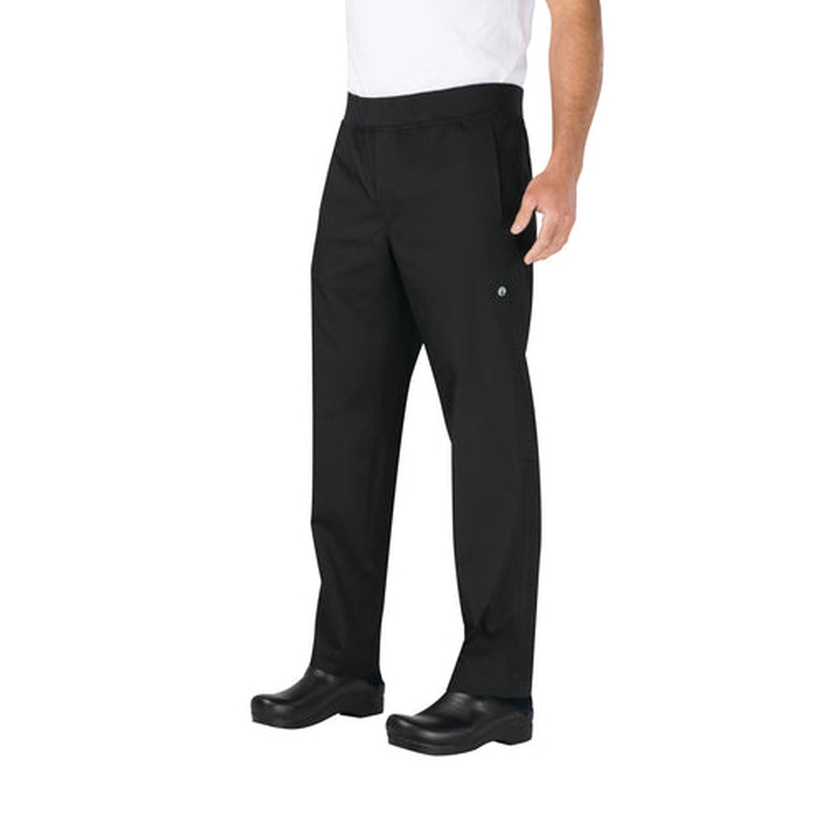 Chef Works PBN01BLKS black lightweight slim chef pants, front three-quarter view showing elastic waistband and side seam pocket