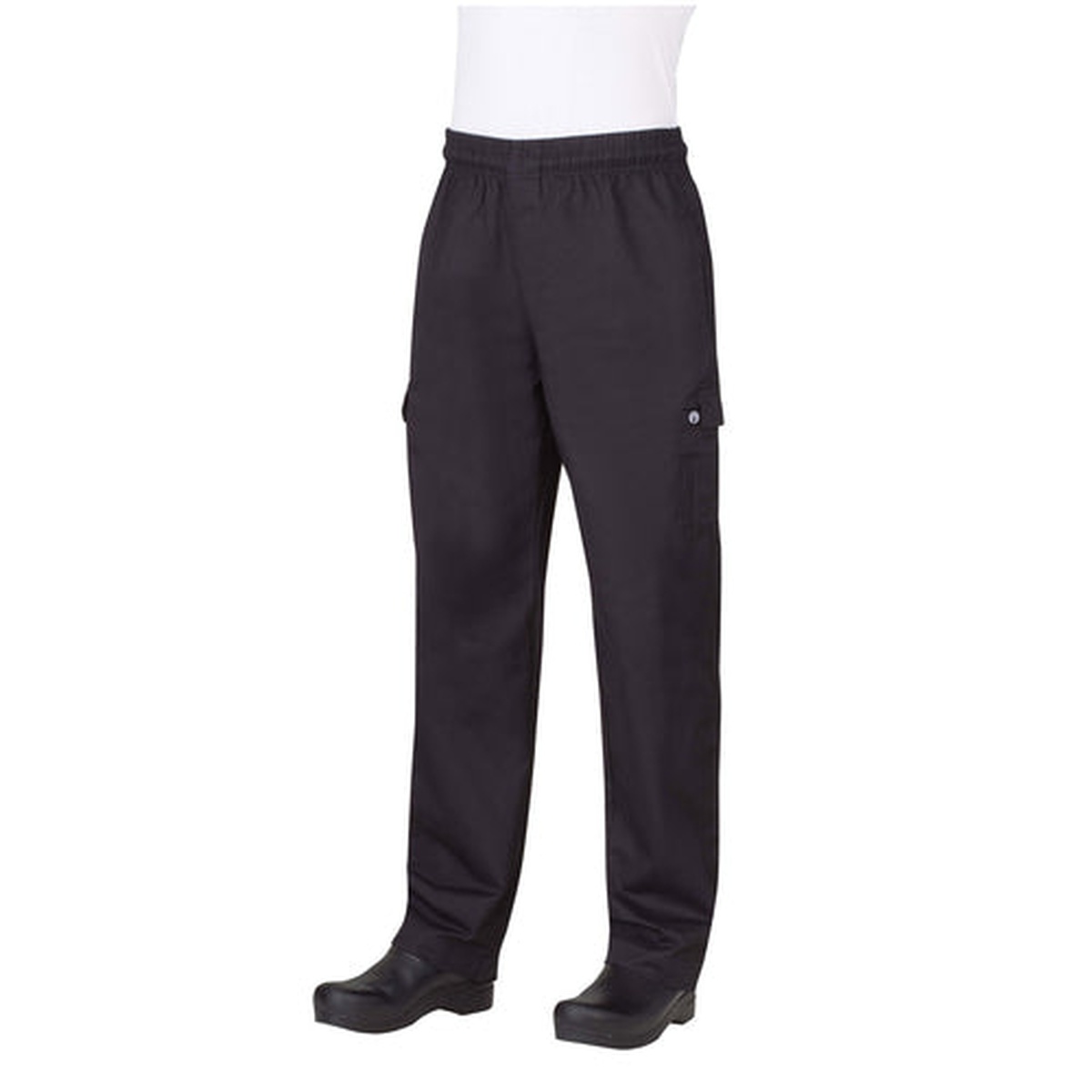 Chef Works PC001BLKS black cargo pants with elastic waistband and side cargo pockets