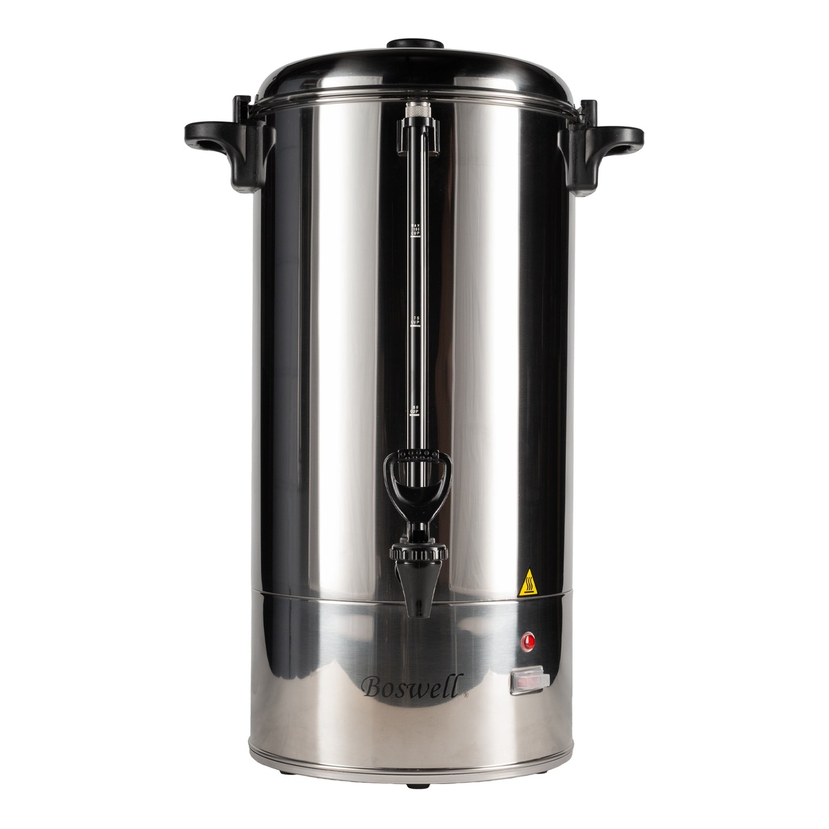 Boswell PC190C 100-cup stainless steel coffee urn, front view showing dispense spigot and sight glass