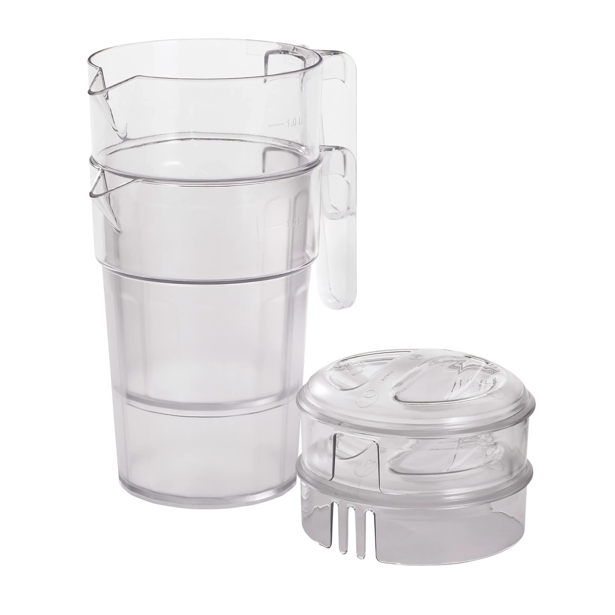 Cambro PC34CW135 pitchers stacked together with lid components shown separately, demonstrating stackability