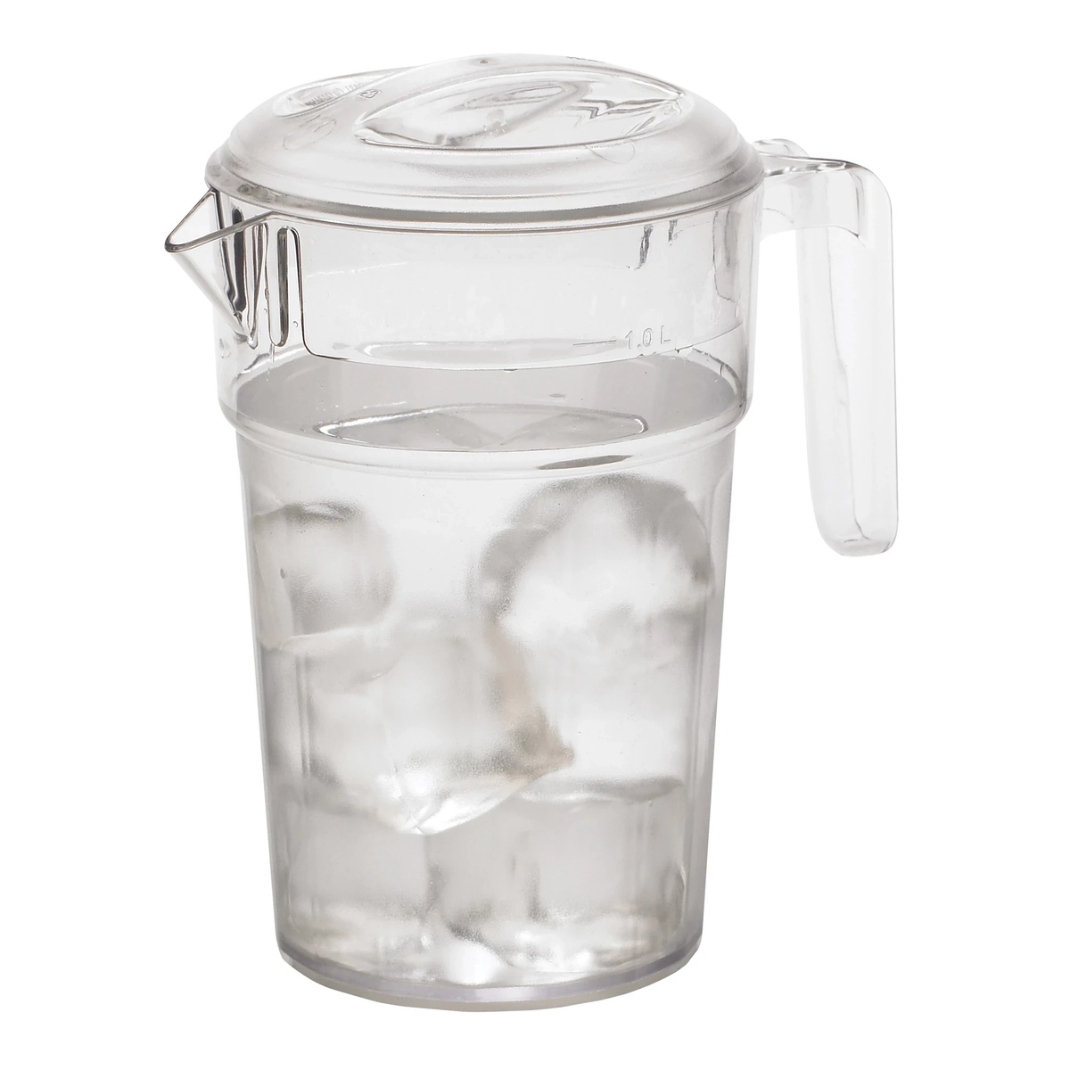 Cambro PC34CW135 clear pitcher filled with ice water, lid in place showing ice-straining position