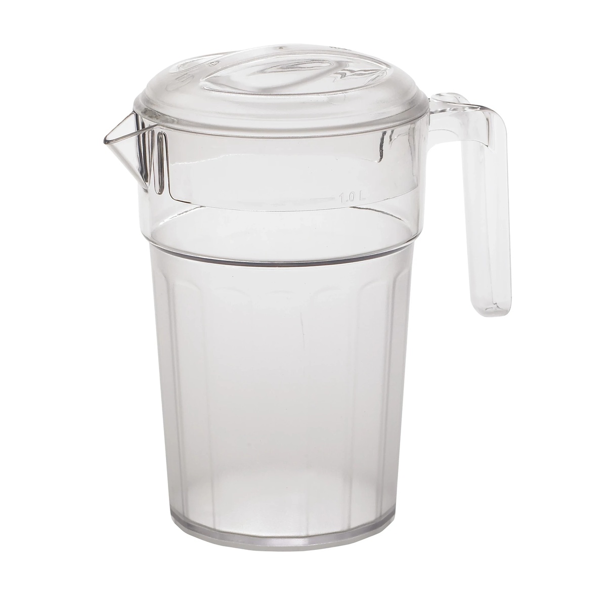 Cambro PC34CW135 clear polycarbonate pitcher with lid, empty, showing 1.0L graduation mark