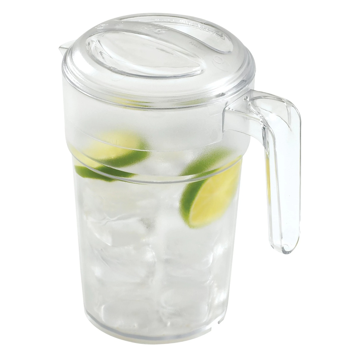Cambro PC34CW135 clear pitcher filled with ice water and lime slices, lid closed