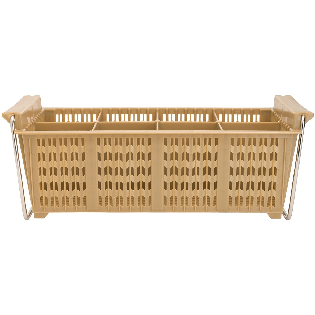 Winco PCB-8 8-compartment tan polypropylene cutlery dishwasher basket with side handles, front view