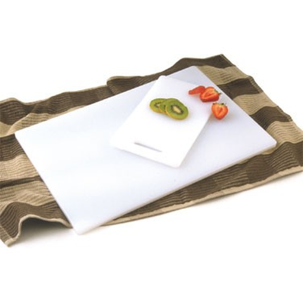 Crestware PCB1824 white polyethylene cutting boards in two sizes shown together