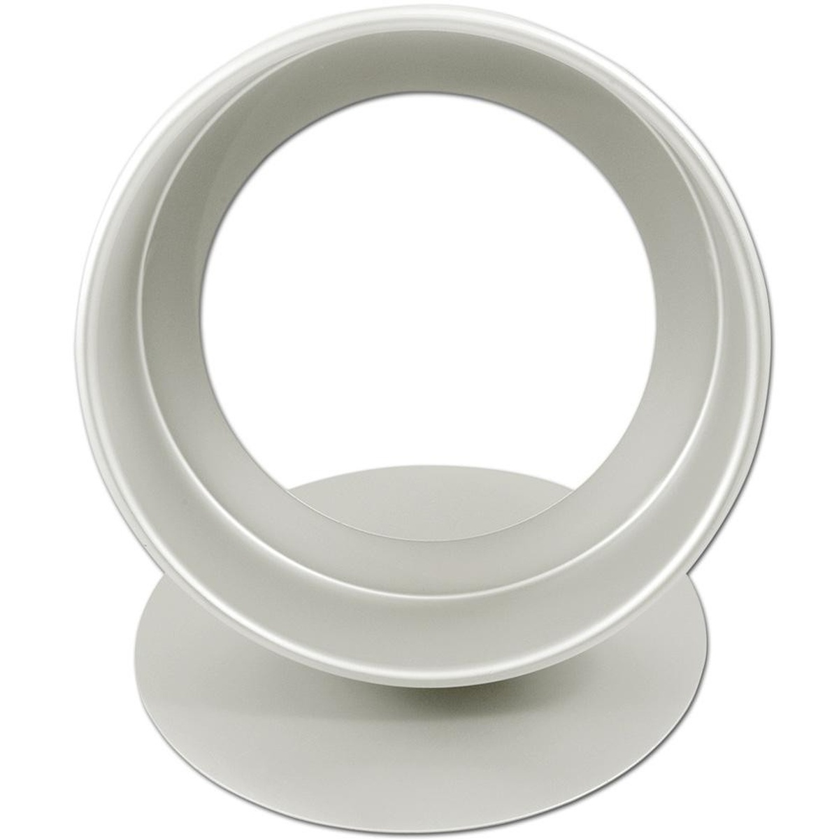 Fat Daddios PCC-43 4-inch by 3-inch round anodized aluminum cheesecake pan with removable bottom, shown tilted to display the removable disk base