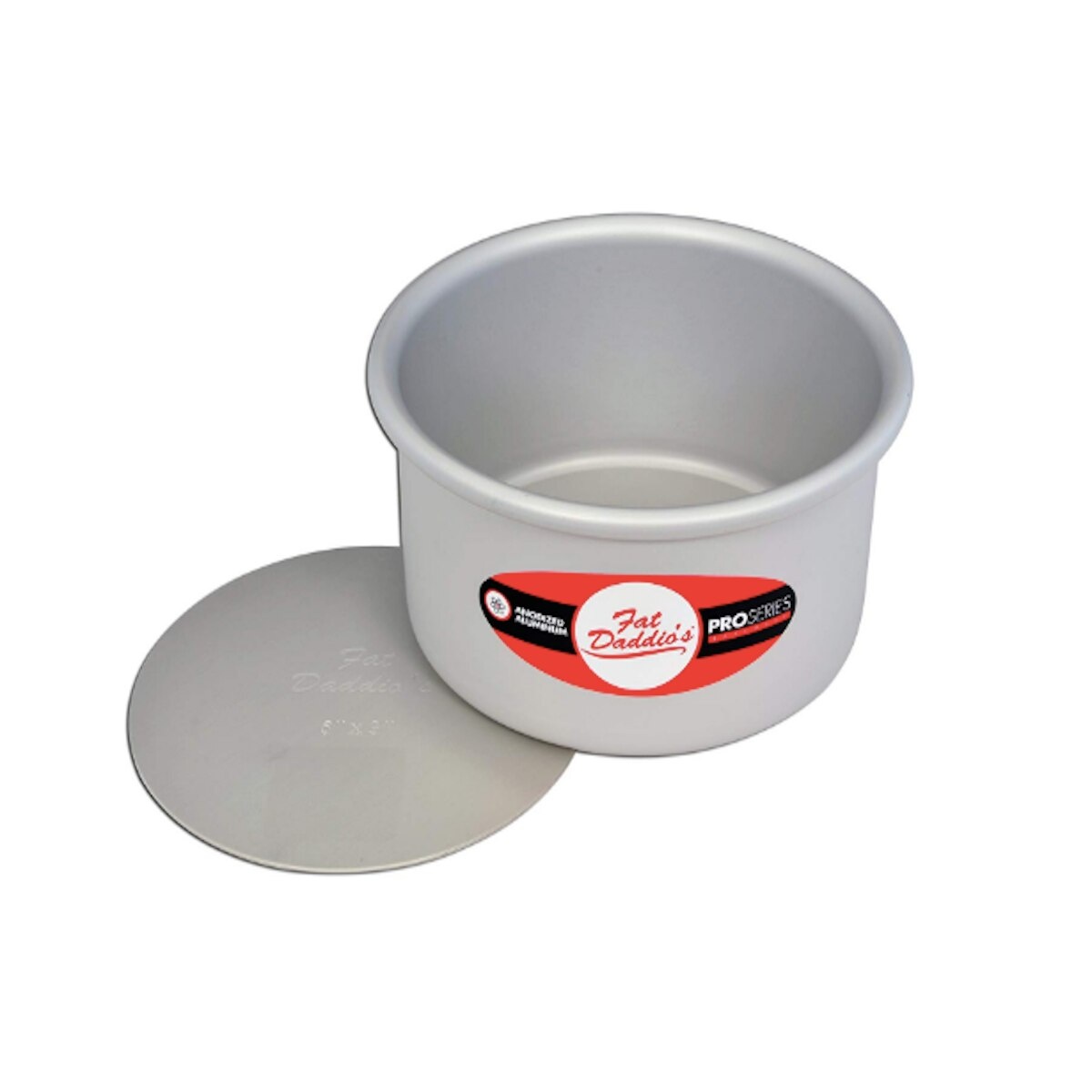 Fat Daddio's PCC-63 6x3 inch round anodized aluminum cheesecake pan with removable bottom disc shown separately