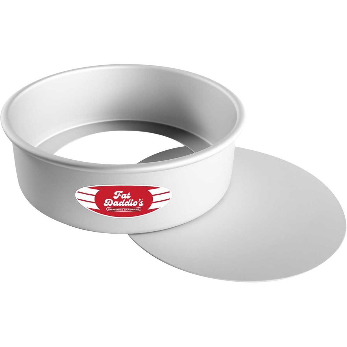 Fat Daddio's PCC-93 round cheesecake pan with removable bottom disk shown separated