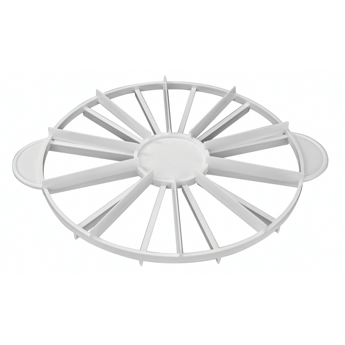 Winco PCM-1012 white polypropylene double-sided round cake marker with spoke dividers and side handles