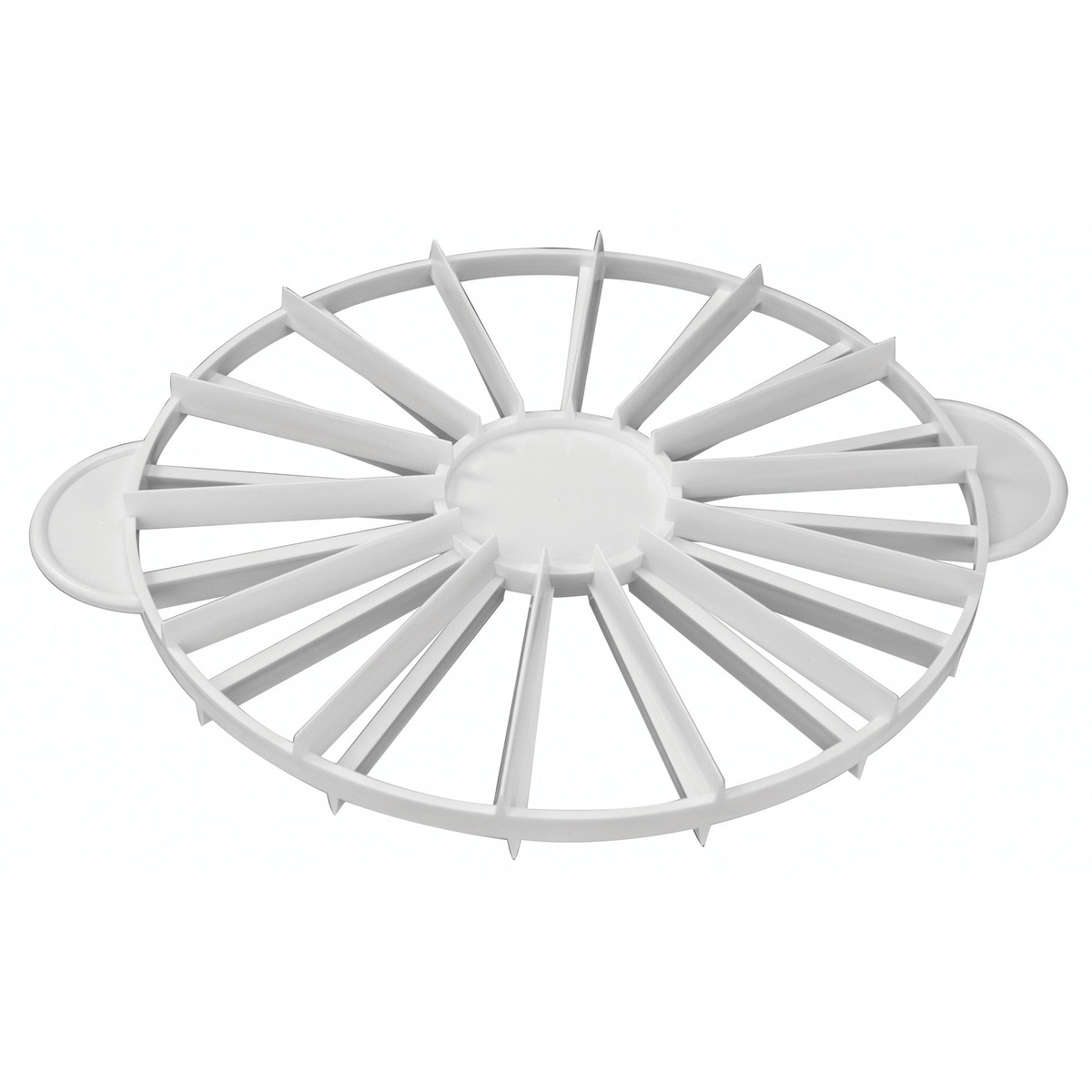 Winco PCM-1416 white double-sided polypropylene cake marker with radial spokes and side handles on white background