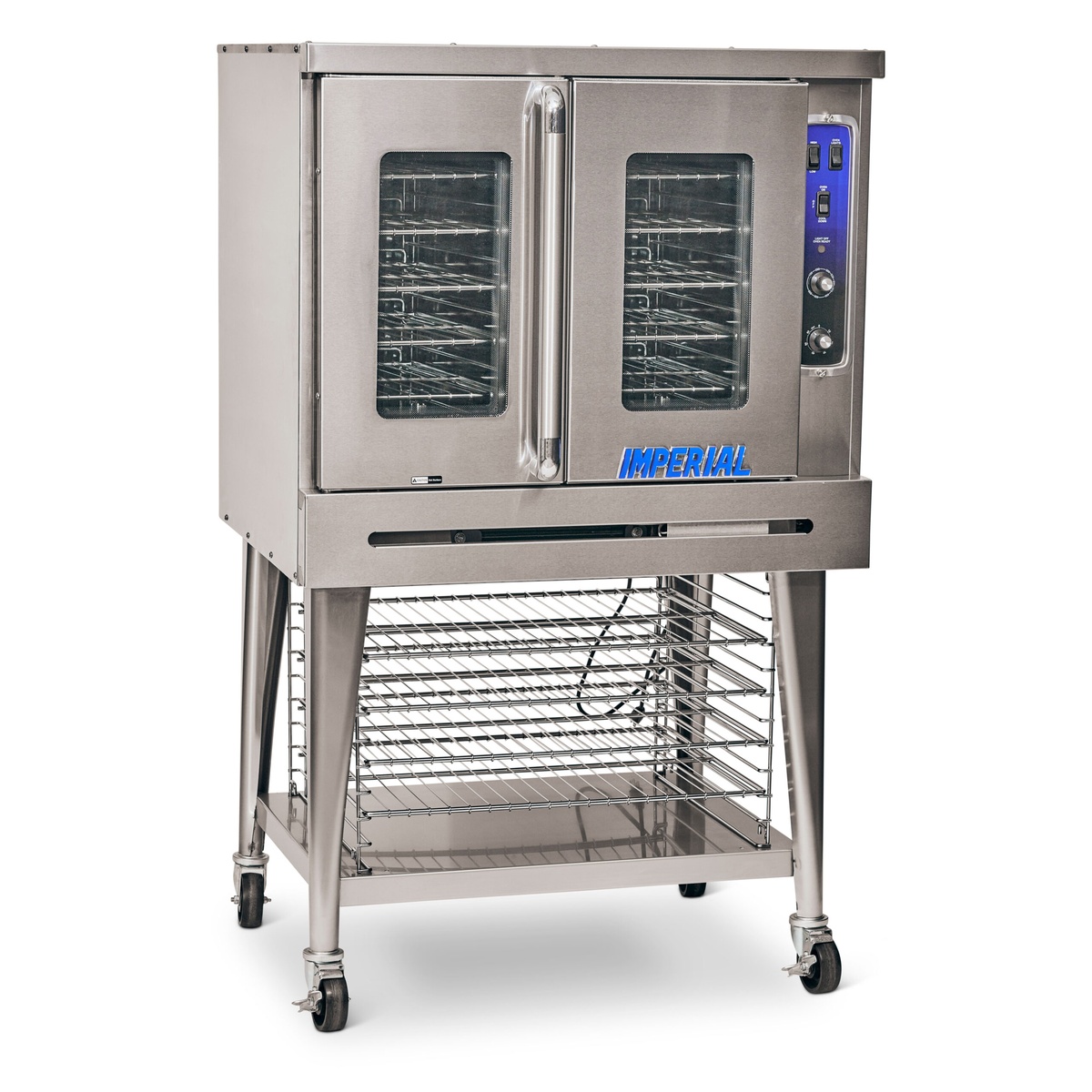 Imperial PCVDE-2 electric convection oven on stand with dual doors and side control panel