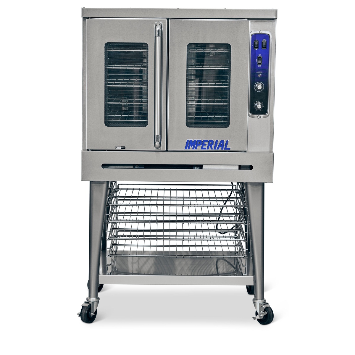 Imperial gas convection oven shown with mobile stand and rack storage