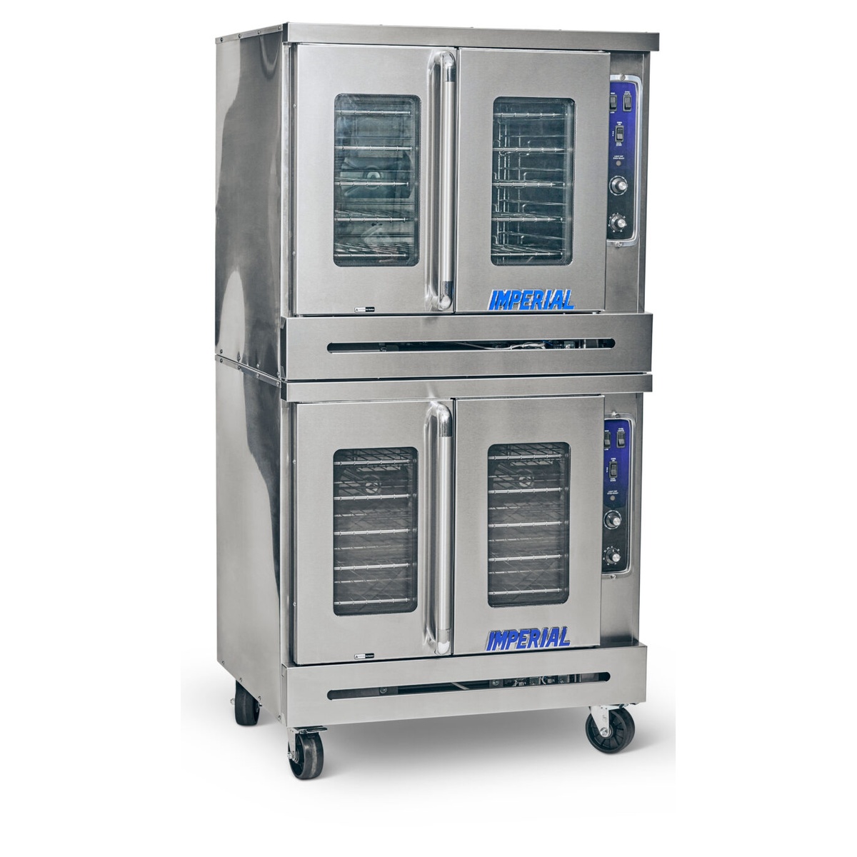 Imperial PCVG-2 double-deck gas convection oven angled view showing stainless exterior, casters, and control panels