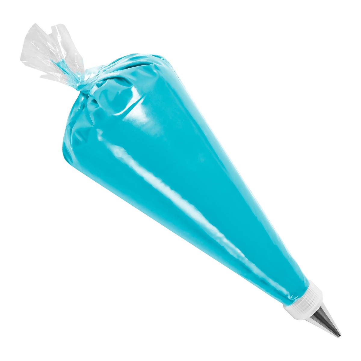 Fat Daddio's 18-inch disposable pastry bag filled with teal frosting and fitted with a metal piping tip