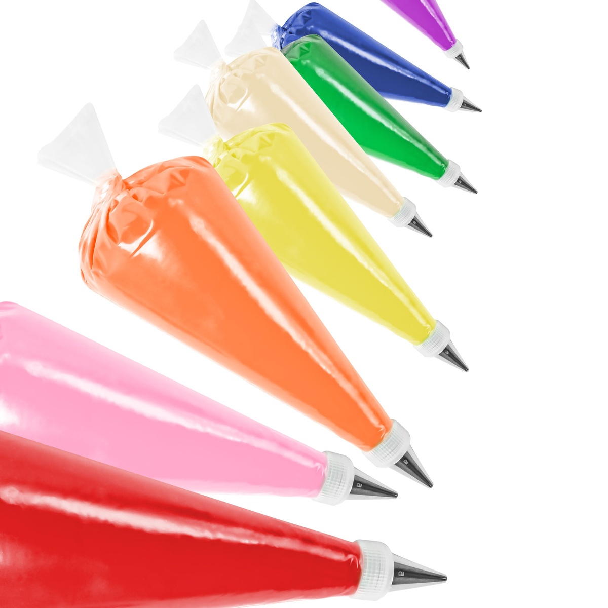 Multiple Fat Daddio's disposable pastry bags filled with assorted colored frostings arranged diagonally