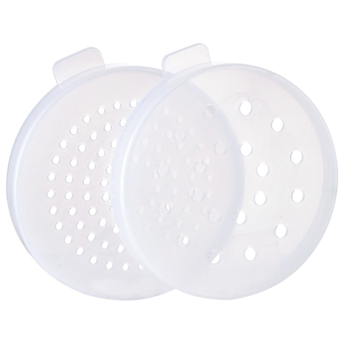 Two clear polycarbonate snap-on dredge lids showing different hole patterns - fine and coarse dispensing options