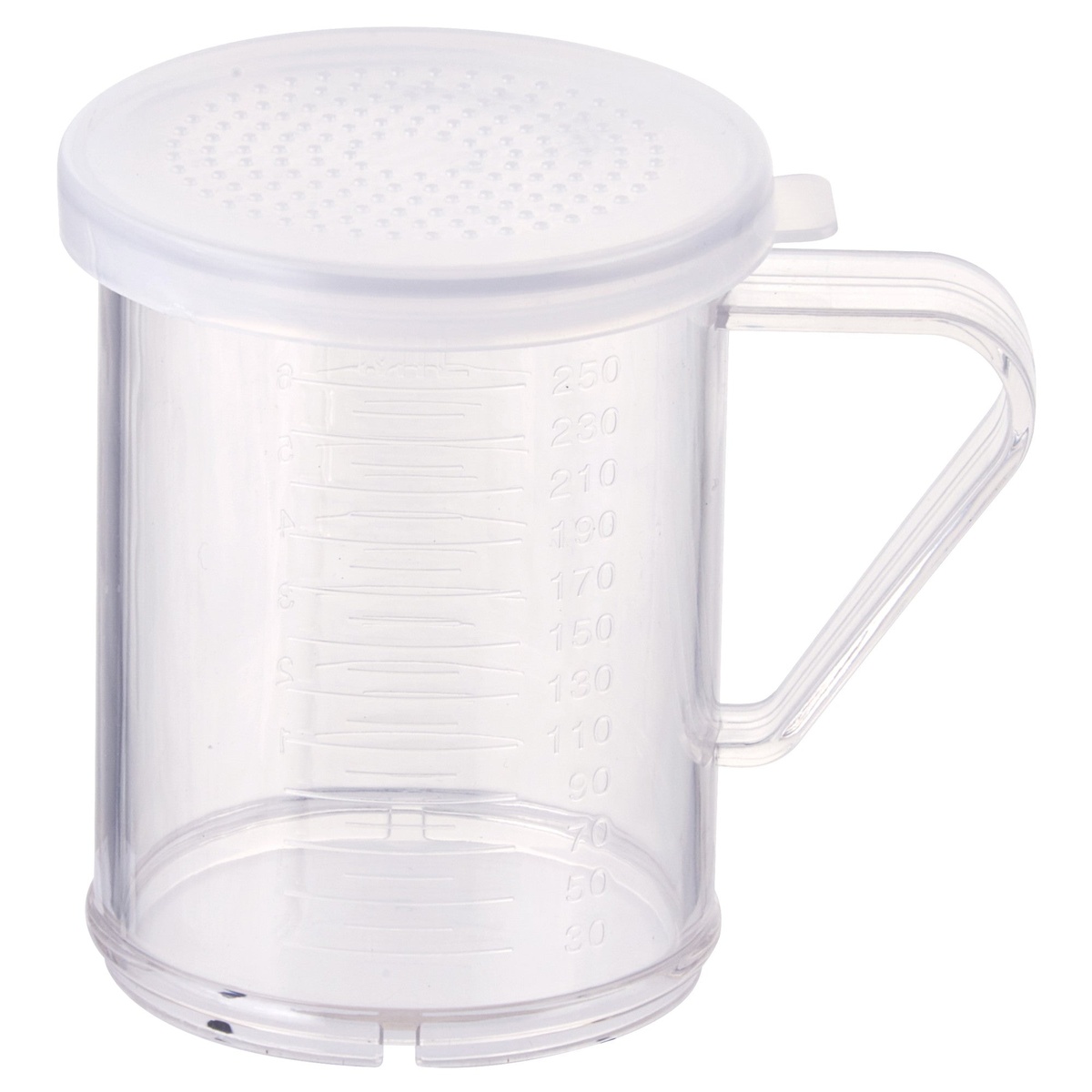 Winco PDG-10 clear polycarbonate dredge with integrated handle and snap-on lid, measurement markings visible on body
