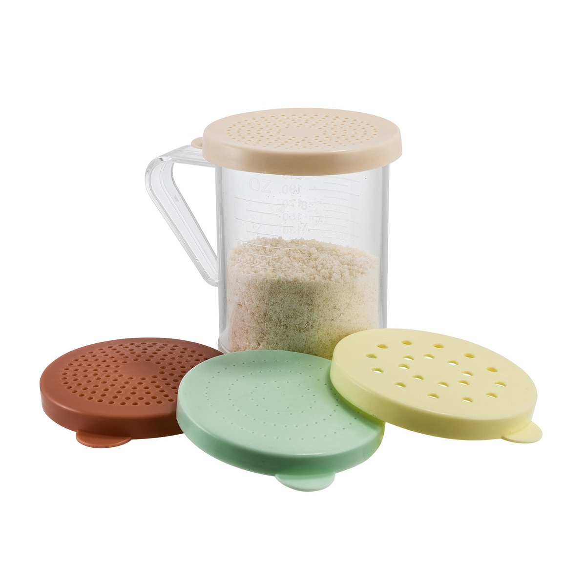 Winco PDG-10AC 10 oz clear polycarbonate dredge with handle and four colored snap-on lids