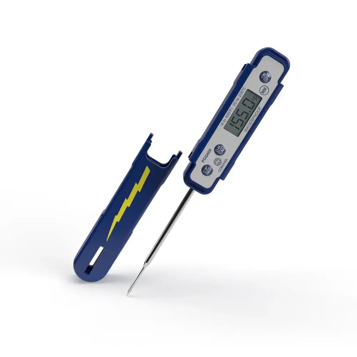 Comark PDQ400 waterproof pocket digital thermometer with blue protective case and thin stainless steel probe, displayed open beside its case