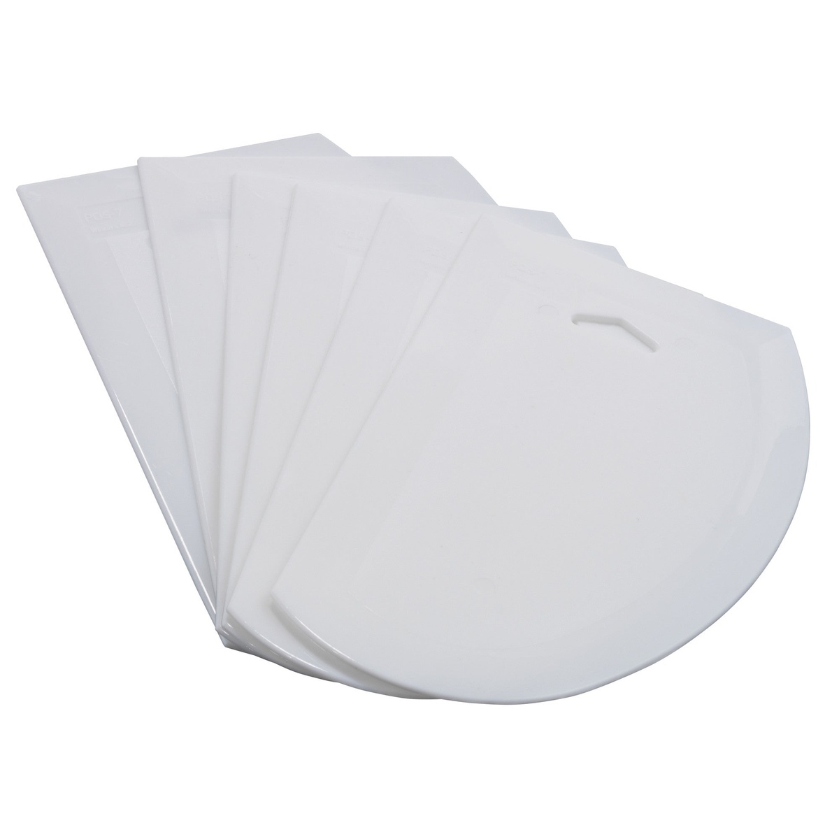 Six white plastic Winco PDS-7 dough scrapers fanned out on a white background